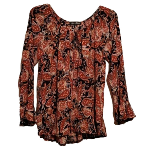 Aura Blue Long Sleeve Floral Paisley Peplum Top Size Small - Picture 1 of 9